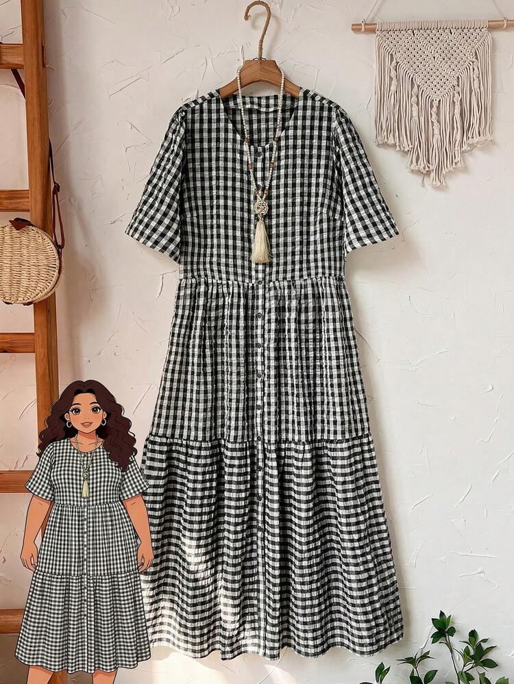 Plus Size Women's Summer Casual Vacation Country  Round Neck Sleeveless Ruffle Hem Leaf Print Black Long Dress, Plus Size Women's Summer Casual Vacation Country Round Neck Loose Fit Basic Short Sleeve Black Plaid Long Dress, Spring/Summer/Plaid,Summer Holiday,Spring Break Outfits ,Vacation Outfits Women ,Holiday Outfits For Women,Going Out Outfits, New Clothes,Simple And Fashionable For Everyday Wear,Casual Dresses For Women,Flowy Long Dress ,Suitable For Summer, Vacation, Commute, Daily Wear, Summer Dresses,Vacation, Daily Wear, Festival Outfits For Women,Country Concert Outfit,Beach Outfits For Women,Western Style