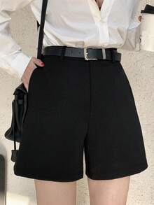 DAZY Women's Solid Color Front Button Pocket Simple Casual Shorts, Everyday Wear School - Black - View 1