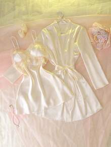 Women's Sexy Mesh Contrast Lace Camisole Nightgown & Robe Set, Cute Sleepwear - Apricot - View 1