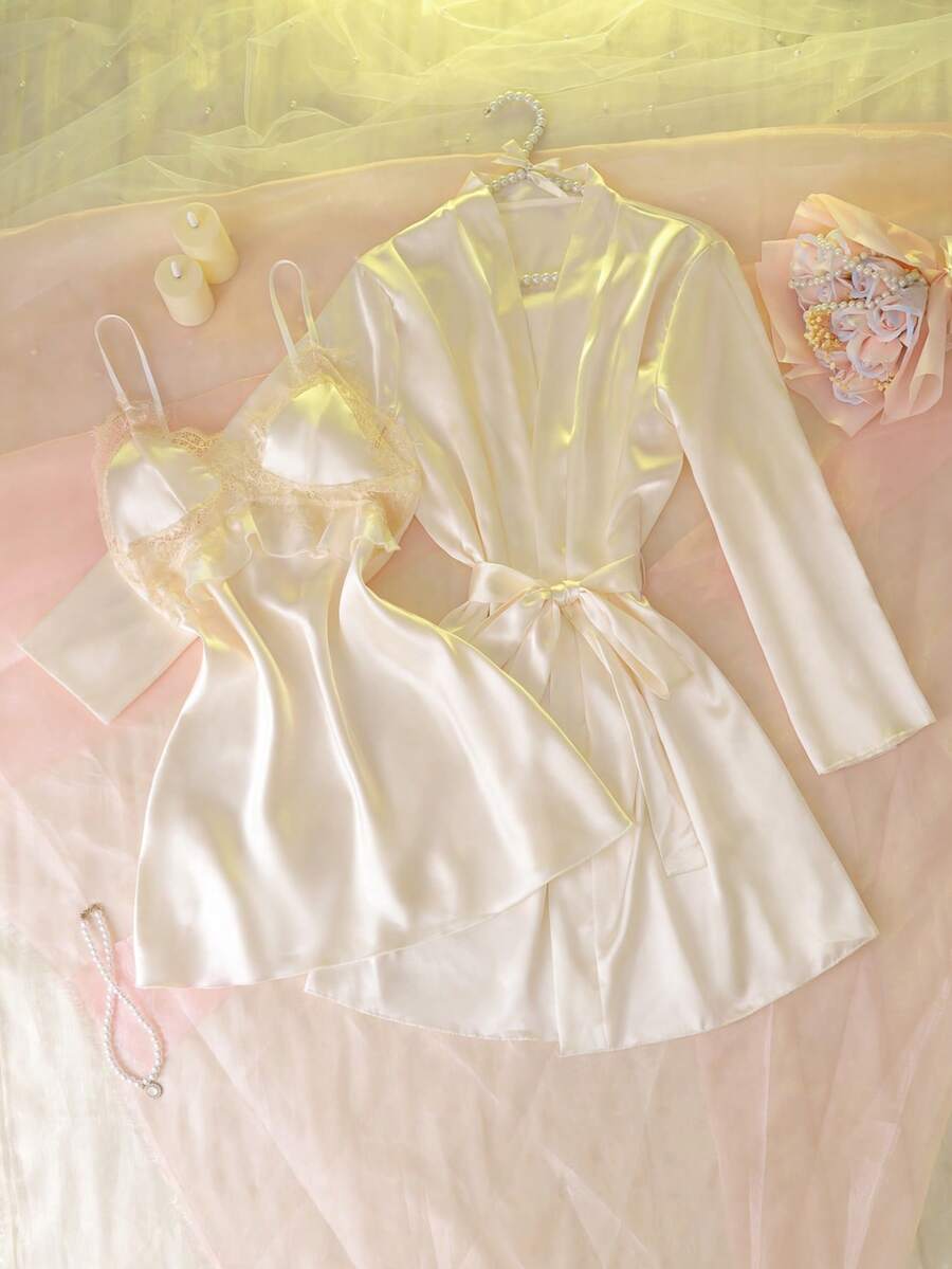 Women's Sexy Mesh Contrast Lace Camisole Nightgown & Robe Set, Cute Sleepwear - Apricot - View 1