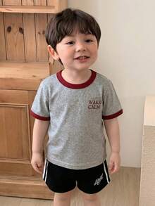 DAZY Toddler Boys' Round Neck Contrast Color Letter Print Short Sleeve Top, Summer - Grey - View 2