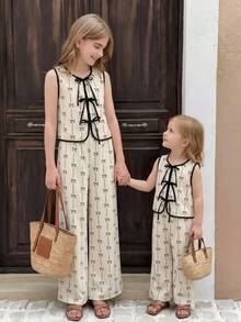 SHEIN Serisse Kids 少女蝴蝶印花撞色滚边蝴蝶结装饰无袖上衣和阔腿裤两件套 - 杏色 - 查看 2