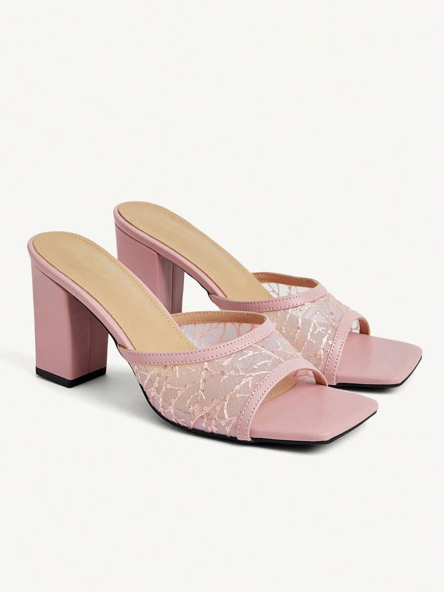 CUCCOO CHICEST Giày nữ, Sandal lưới ren màu hồng, mũi vuông, gót dày, sandal cao gót dự tiệc. - Hồng - Xem 1