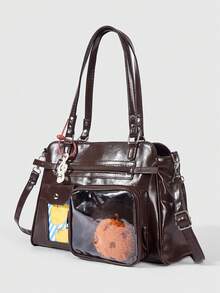 ROMWE Kawaii Brown Double Pocket Lace Bow Cookies Crossbody Bag - Brown - View 2