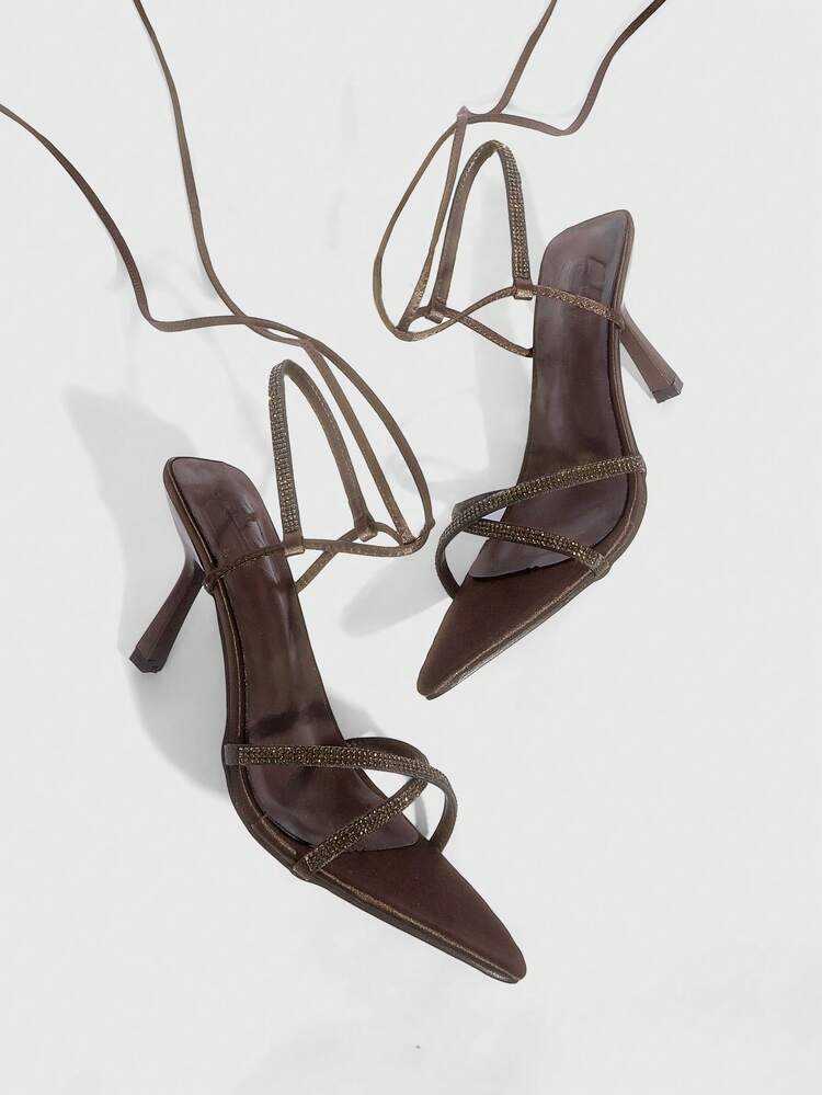 CUCCOO SZL Women Shoes Spring And Summer New Pointed Stiletto Brown Rhinestone Cross Strap Women's High Heel Sandals Fashion Comfortable Versatile Sexy Party Banquet Women Sandals Prom Heels