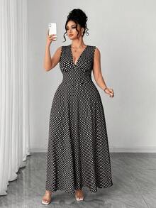 Elenzga 大码女士简约时尚针织吊带背心，棕色底白色波点数码印花长裙 - 黑與白 - 查看 6