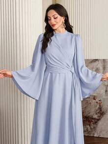Modelyn Women Elegant Solid Color Bell Sleeve Arabic Dress, Autumn Long Evening Dresses - Blue - View 7