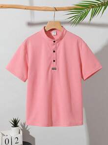 SHEIN Little Byeori 儿童/青少年男童休闲百搭舒适立领半拉链宽松套头短袖纯色针织polo衫，适合通勤、上学、日常休闲、度假、运动、春夏穿着。 - 粉色 - 查看 5