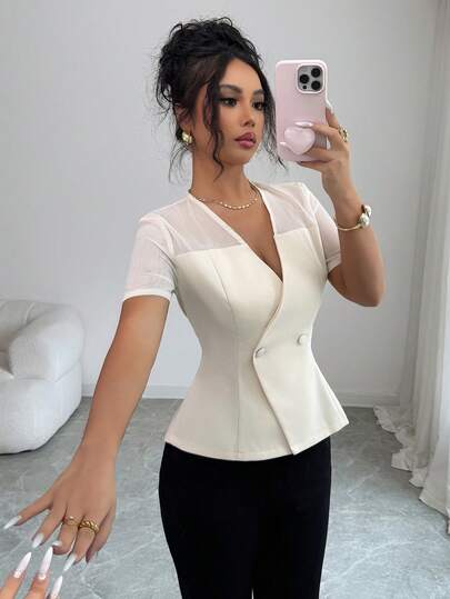 Elenzga Women's V-Neck Color Block Casual Versatile Commuting Short Sleeve Shirt