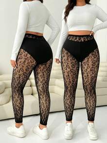 SHEIN EZwear Quần legging lưới co giãn họa tiết da báo dành cho nữ cỡ lớn. - màu đen - Xem 3