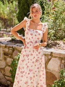 KARISMINA 女士休闲优雅浪漫度假沙滩方领印花弹力腰连衣裙，粉色连衣裙 - 粉色 - 查看 10