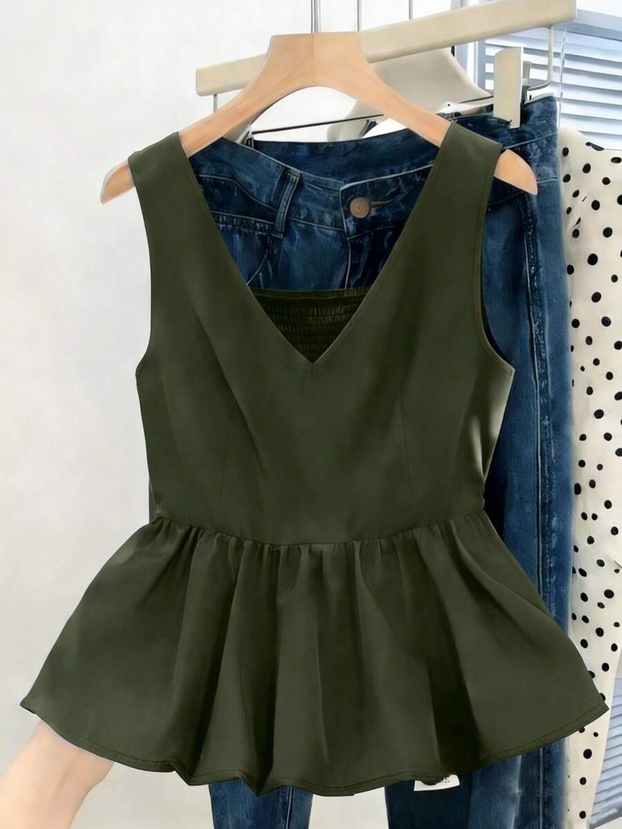 Rafferiza 女士褶皱时尚工作通勤派对毕业日常修身吊带背心 - 軍綠色 - 查看 1