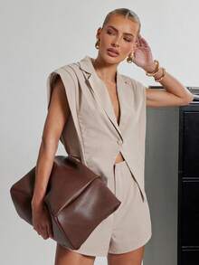 SHEIN Haute Áo liền quần không tay kiểu vest - Màu Khaki - Xem 1