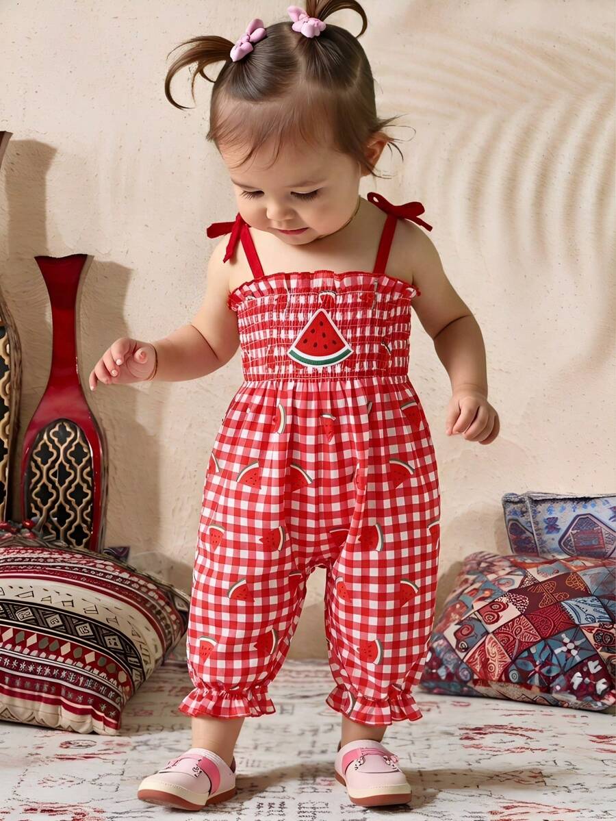 SHEIN 女婴夏季连体衣，饰有可爱的草莓刺绣、草莓印花和黑白格子图案，休闲可爱户外装扮 - 紅色 - 查看 1