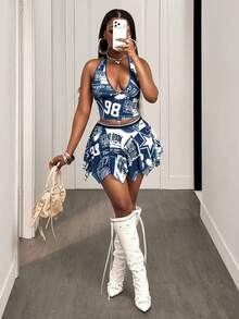 SHEIN BamGlam 女士性感字母图案吊带上衣和迷你裙套装，夏季街头服饰 - 彩色 - 查看 9