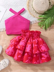 SHEIN Elladie kids 女童度假休闲露背纯色吊带背心搭配松紧腰碎花荷叶边半裙套装，夏季 - 玫紅色 - 查看 4