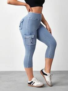 Flexra 3/4 Length Denim Cargo Pocket Skinny Jeggings Everyday Light Blue Summer Casual - Blue - View 5