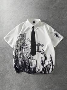 ROMWE MEN Goth Camisa de manga corta con estampado gótico para hombres - Albaricoque - Ver 1
