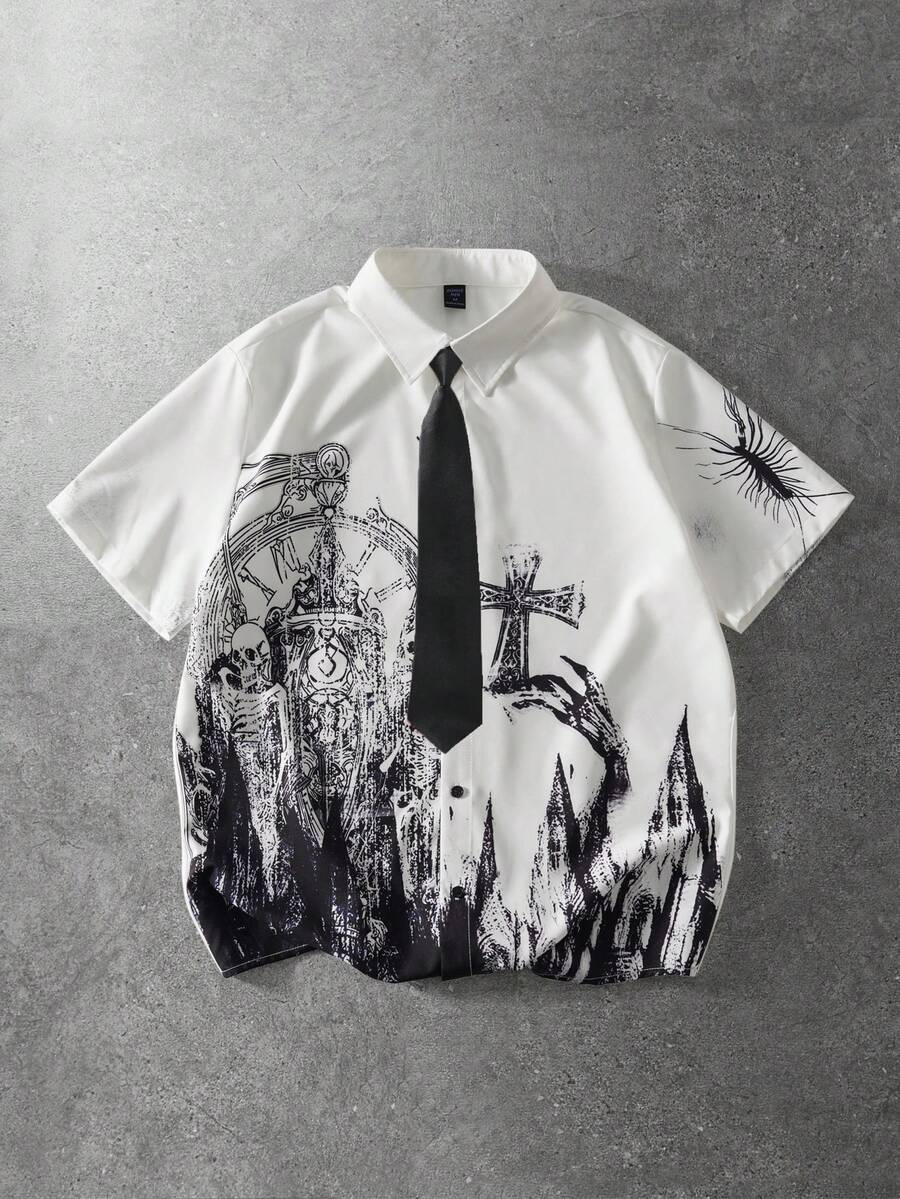 ROMWE MEN Goth Camisa de manga corta con estampado gótico para hombres - Albaricoque - Ver 1