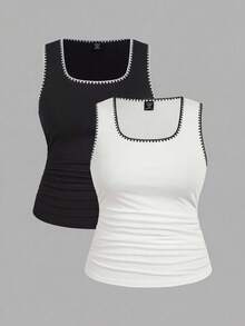 SHEIN LUNE 2pcs Casual Minimalist Summer Seashell Crafted Contrast Color Plus Size Women Vest Top - Multicolor - View 1