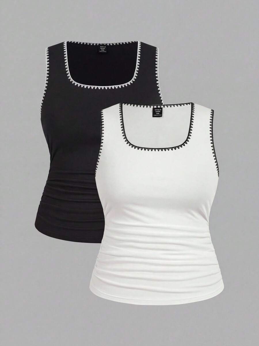 SHEIN LUNE 2pcs Casual Minimalist Summer Seashell Crafted Contrast Color Plus Size Women Vest Top - Multicolor - View 1