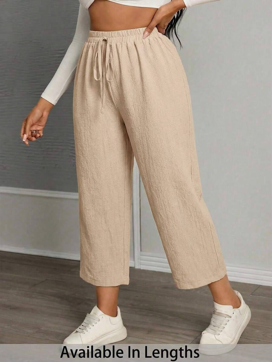 SHEIN PETITE CURVE 大码女式纯色打结休闲裤 - 卡其色 - 查看 1