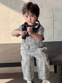 Dazy Kids Bộ áo thun ngắn tay kẻ caro kiểu Hàn Quốc cho bé trai và quần dài. - Xám - Xem 5