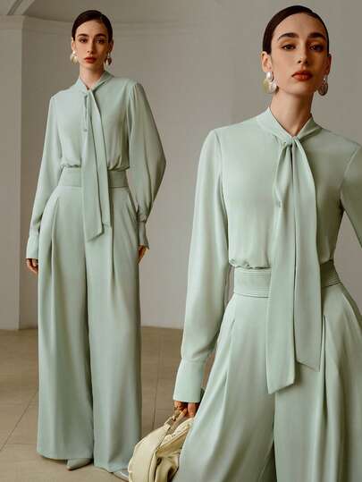 ZEYLAH Lightweight Chiffon Long Sleeve Jumpsuit With Ribbon Collar And Rhinestone Buttons, Spring/Summer