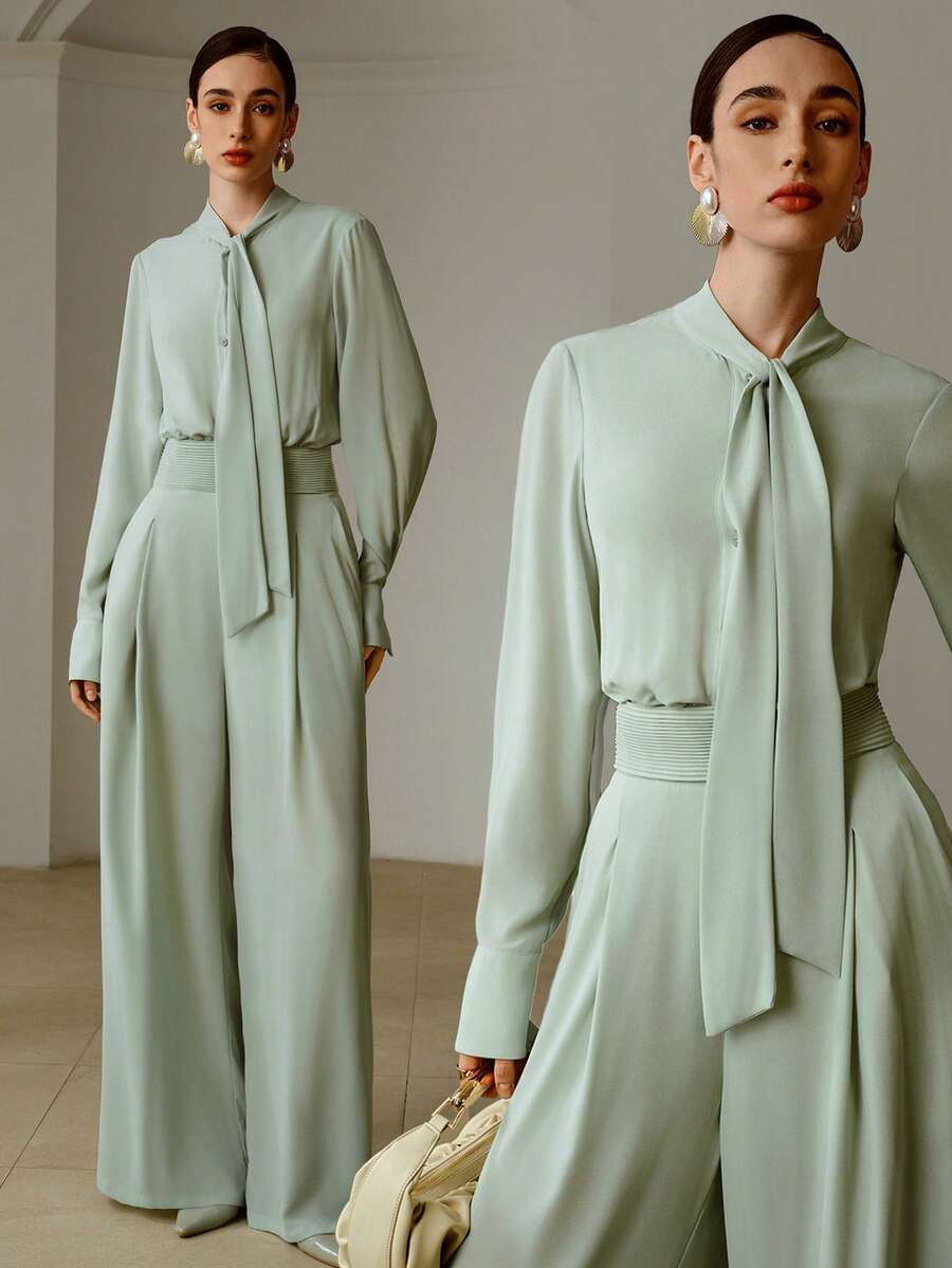 ZEYLAH Lightweight Chiffon Long Sleeve Jumpsuit With Ribbon Collar And Rhinestone Buttons, Spring/Summer - Mint Green - View 1