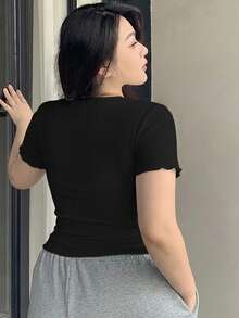 Dazy Plus Partial Zip-Up Elastic Fitted Solid Color Versatile Long Sleeve Black T-Shirt, Spring/Summer/Autumn - Black - View 5