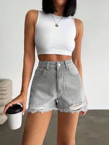 EURMUSE WOMEN HIGH WAIST MINI SHORT WITH DESTROY SNOW WASH - Grey - View 4