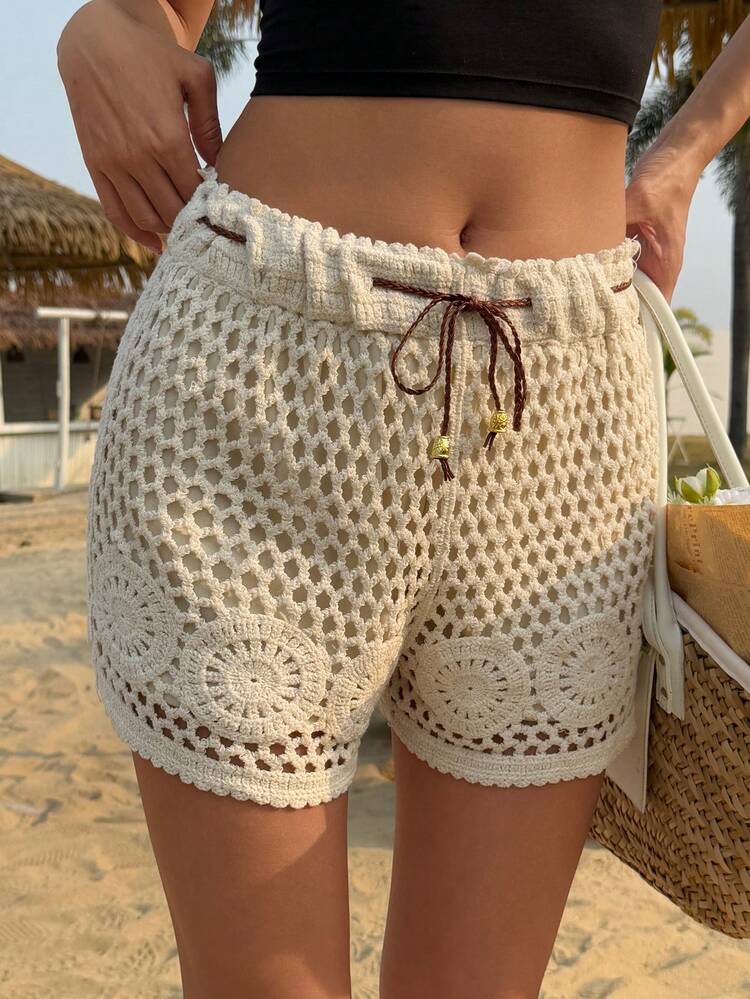 Women's White Lace-Up Casual Beach Shorts For Summer Vacation