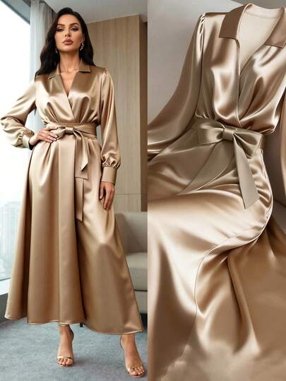 GlowEve CURVE 大码女式优雅休闲通勤日常缎面长袖交叉领长连衣裙，带系带蝴蝶结