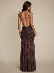 SHEIN BAE Women's Polka Dot Ruched Waist Elegant Party Cocktail Slip Dress - Brown - View 4