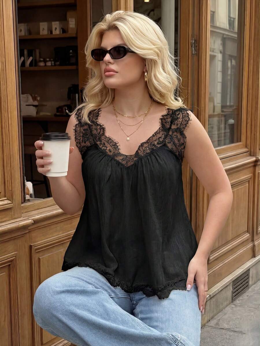 Dripcurv Plus-Size Women's Summer Cream Black Lace-Trimmed Top, Casual Vacation Top, Loose A-Line Silhouette.,Summer Outfits,Vacation Outfits Women,Summer Top Lace Tops For Women Latest Tops For Women New Arrivals Elegant Top For Woman - Black - View 1