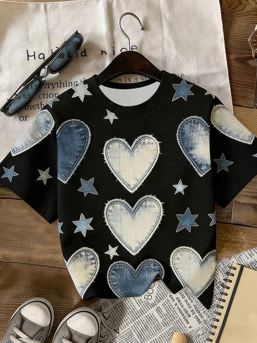 Resyla Women's Denim Effect Heart Contrast Color Pattern Casual Round Neck Top, Suitable For Daily Casual Wear - Black - View 1