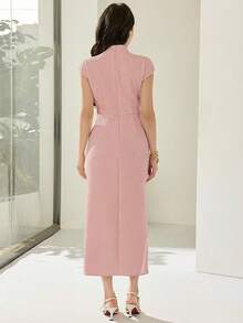 Heiryn 女士纯色褶裥开衩优雅腰线中长连衣裙，适合派对和外出场合 - 藕粉色 - 查看 4