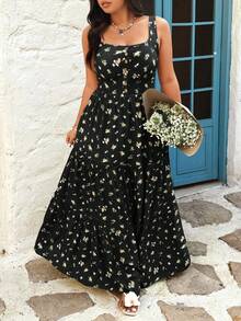 Sunnyshic Fashionable Spaghetti Strap Ditsy Floral Dress, Vacation Dress - Black - View 4