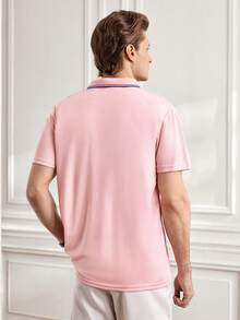 Officeau Polo de golf pour hommes avec bordure contrastée, col à demi-boutons, chemise décontractée légère et douce pour le travail, cadeau pour le petit ami, pour le golf, pour le port quotidien, pour l'été, pour le tennis - Rose bonbon - Voir 3