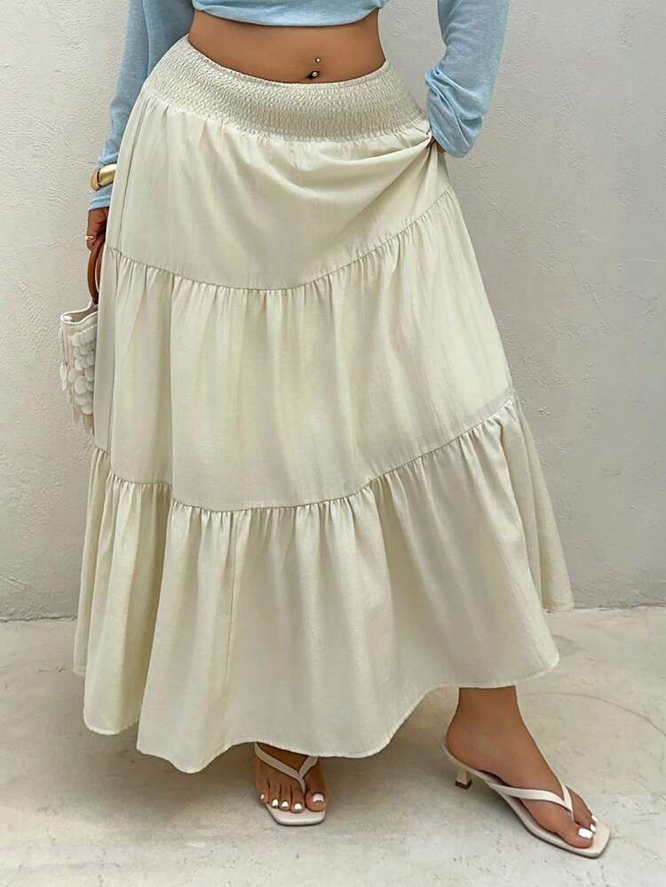Dazy Plus Elastic Waist Chiffon A-Line Skirt, Apricot Color, Versatile Plus Size Women's Spring/Summer Vacation Skirt