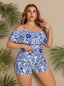 Swim Lushoire 2026 New Summer Beach Vacation Blue & White Porcelain Pattern Ruffle Trim Plus Size Women Tankini Swimsuit - Blue and White - View 6