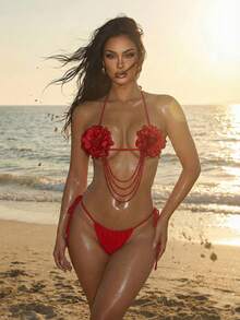 SHEIN Swim SXY Women's Sexy Floral Red Chain Halter Tie Bikini Set, Beach Swimwear, Spring/Summer - Red - View 4