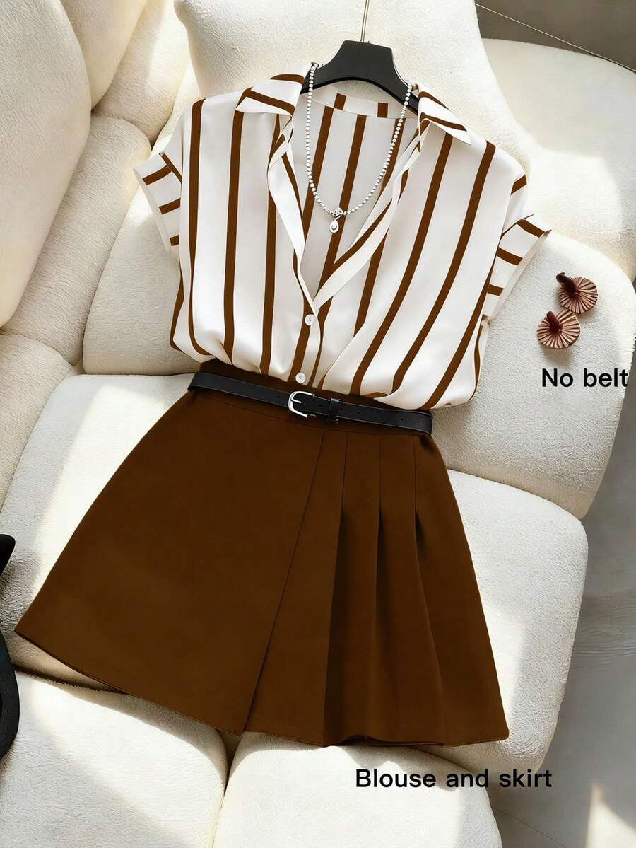 GlowEve CURVE Plus Size Striped Print Button-Up Top And Solid Color Pleated Casual Elegant Skirt Set, Suitable For Summer Holiday, Carnival Party Office White - Brown - View 1