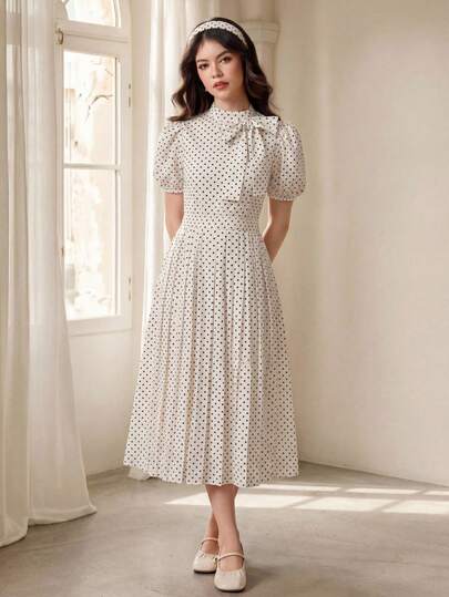 SHEIN Pitira Kids Apricot Polka Dot Print Bow Tie Puff Sleeve Stand Collar Waist Pleated Hem A-Line Dress, Elegant Flower Girl Bridesmaid Birthday Party Dress For Teen Girls Vintage Dress Long Dress Polka Dot Dress Puff Sleeve Dress Elegant Dresses For Women Beige White Long Dress Beige White Dress Puff Sleeve Long Dress Vintage Style Dress Beige Polka Dot Dress Elegant Vintage Dress Long Polka Dot Dress Vintage Girls Dress,Kids