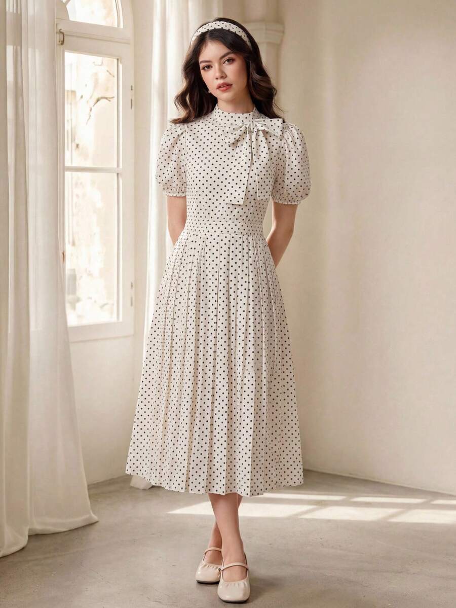 SHEIN Pitira 杏色波点印花蝴蝶结泡泡袖立领腰部褶裥下摆A字连衣裙,优雅花童伴娘生日派对礼服,适合青少年女孩 - 杏色 - 查看 1