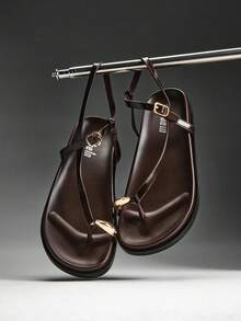 Denimoi Giày sandal đế bằng kim loại vàng thoải mái cho nữ - Màu nâu Sô-cô-la - Xem 2