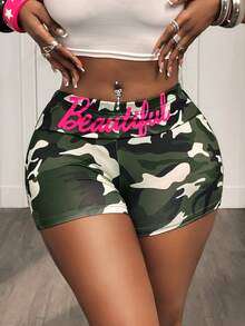 SHEIN BamGlam Women's Camouflage Letter Print Casual Versatile Daily Wear Shorts - Multicolor - View 4