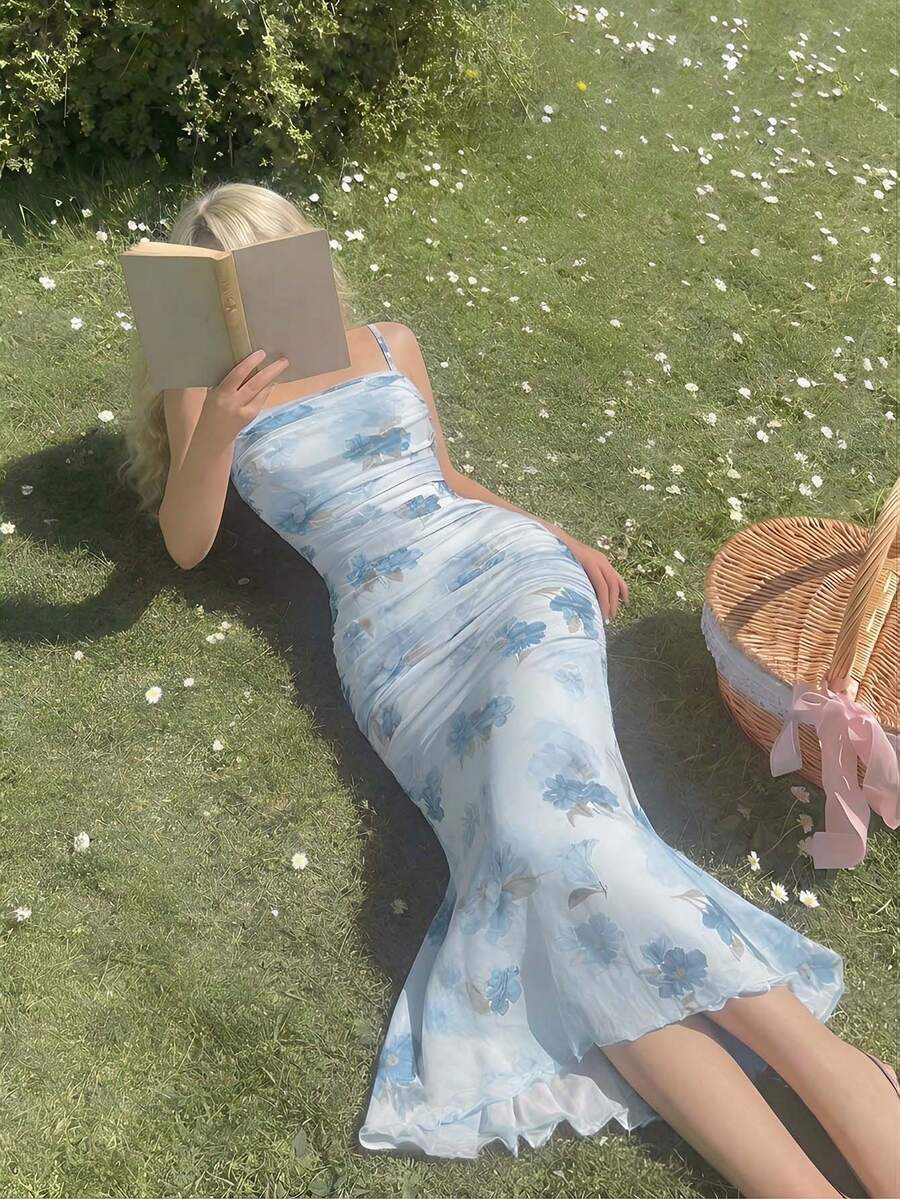 SHEIN MOD Đầm xếp ly màu hồng lãng mạn, họa tiết hoa nhiều màu sắc – Hoàn hảo cho kỳ nghỉ, hẹn hò, dã ngoại, tiệc tùng, dạ hội, lễ hội và sinh nhật; Lãng mạn và dễ thương - Màu xanh nhạt - Xem 1