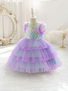 Glamorique Kids 女童多层薄纱连衣裙，紫色渐变网纱短袖上衣搭配渐变薄纱裙，适合所有季节 - 紫色 - 查看 8