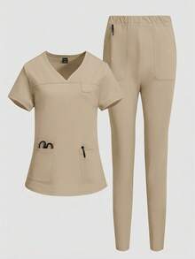 TaskEZ Simple Solid Color V-Neck Short Sleeve T-Shirt With Pockets Paired With Long Pants, Scrub Set - Khaki - View 3